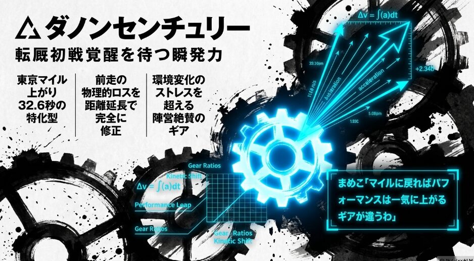 （△ ダノンセンチュリー）： 鋭い眼光の馬の墨絵。「転厩初戦 覚醒を待つ瞬発力」を強調し、マイルへの距離短縮による適性を提示。まめこの吹き出しで「マイルに戻ればパフォーマンスは一気に上がる ギアが違うわ」と記載