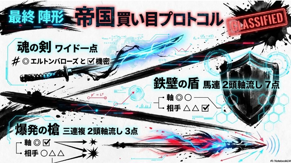買い目プロトコル。魂の剣（ワイド一点）、鉄壁の盾（馬連流し）、爆発の槍（三連複）のフォーマットを提示
