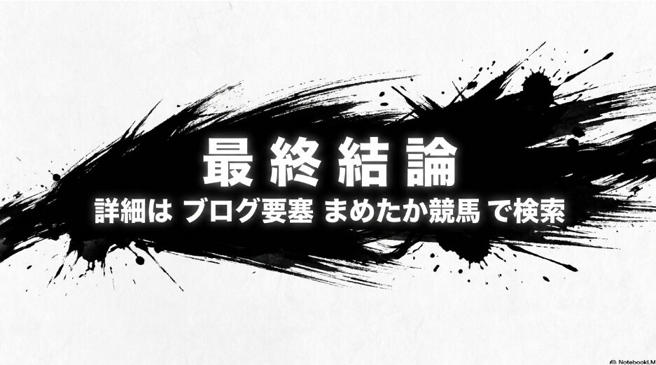 （最終結論）： 闇に消える馬の背後。「歴史の法則と物理データが導く答え」という文字と共に、ブログ要塞「まめたか競馬」への検索誘導を配置