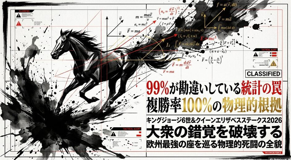 表紙 「2026年キングジョージ予想の表紙。爆発的水墨画（Forceful Sumi-e）スタイルの躍動する馬。テキスト：99%が勘違いしている統計の罠、複勝率100%の物理的根拠」

