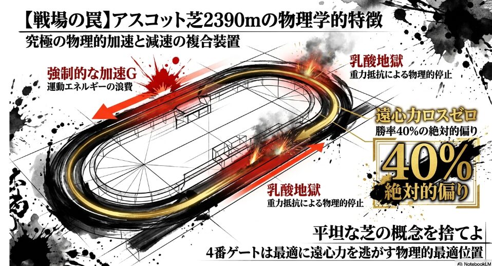 戦場の罠 「アスコット競馬場2390mのコース図。下り坂での運動エネルギーの浪費と、心肺機能を削る上り坂での重力抵抗を物理学的に解説したスライド」