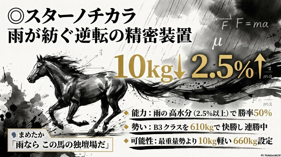 最重要観測個体スターノチカラの分析　「雨の高水分で勝率50%」「最重量勢より10kg軽い660kg設定」という物理的優位性を強調　水墨画の馬に金のオーラが描かれている