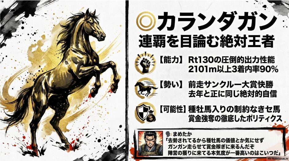 ◎ カランダガン 「最重要観測個体カランダガンの分析。Rt 130の圧倒的出力性能とアスコット適合性を示すデータ。まめたか『種牡馬価値に縛られない本気度を見ろ！』のセリフ」