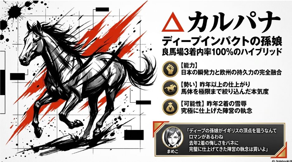 △ カルパナ 「連下データ、カルパナ。ディープインパクトの孫娘としての瞬発力と欧州持久力のハイブリッド性能。まめこ『ロマンだけじゃない、究極の仕上げよ』のセリフ」