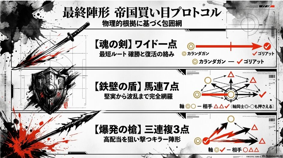 最終陣形 「帝国買い目プロトコルに基づくキングジョージ2026最終陣形。ワイド一点（◎-✔︎）、馬連7点（◎◯-相手3頭）、三連複3点（◎✔︎-相手3頭）のアイコン図解」
