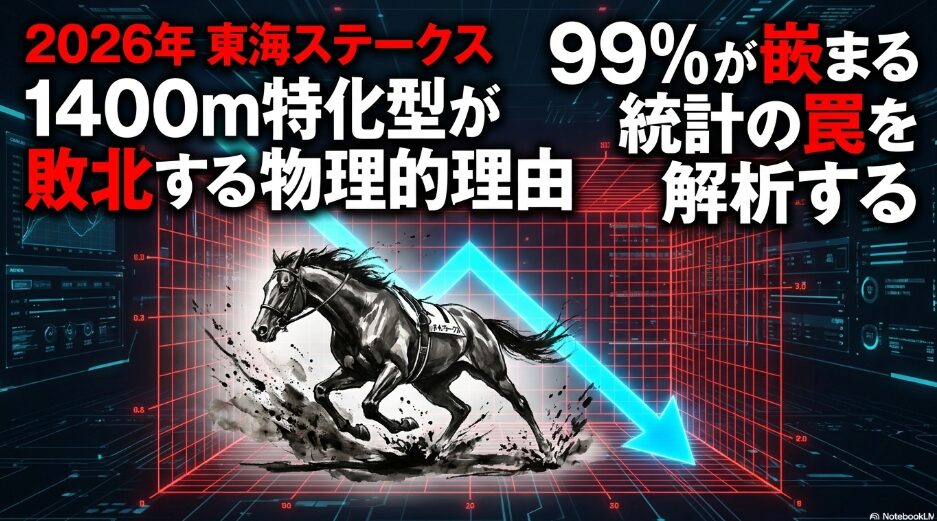 表紙 2026年 東海ステークス(GⅢ) 予想スライドの表紙 躍動する馬の墨絵シルエット 背景に 99%が 勘違いしている 統計の 罠 と 複勝率100%の 物理的根拠 のテキスト