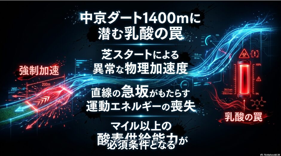 戦場の罠(コース解析) 中京ダート1,400mの コース図解 スタート地点の 芝区間による 物理的加速 と ゴール前の 1.8mの 急坂(乳酸の壁) を強調した グラフィック