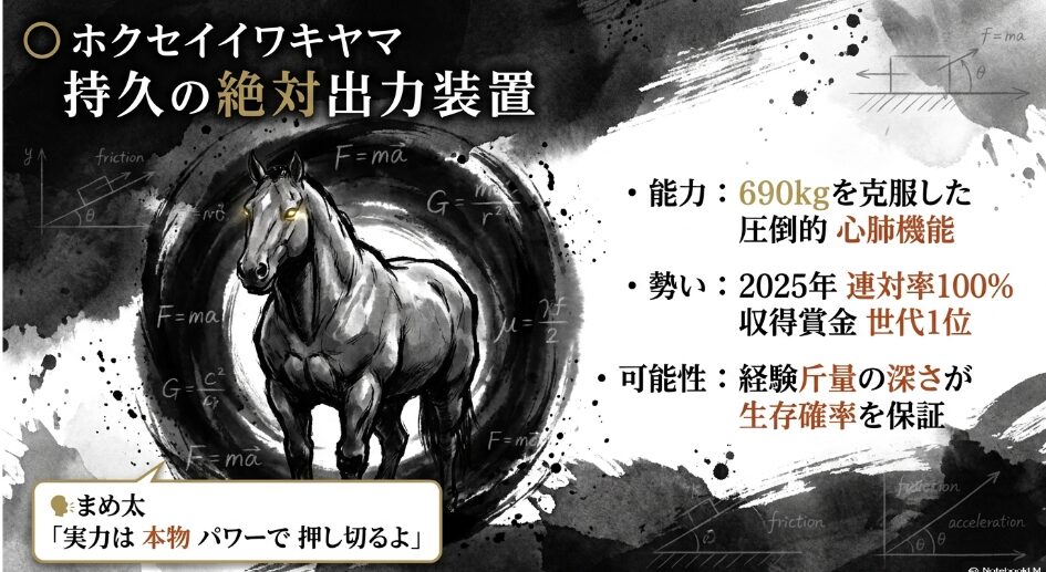 対抗データとしてのホクセイイワキヤマ　「690kg克服の圧倒的心肺機能」「世代賞金1位」の実績を表示　岩のように動じない重厚な馬の墨絵が配置されている