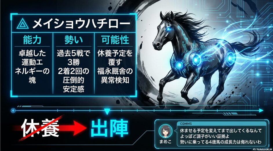 △ 細胞の衝撃 メイショウハチローの 能力分析 距離短縮による 物理的優位性と 卓越した 運動エネルギー 持続性 まめこの 吹き出しコメント「福永厩舎が 予定を 変えてまで 投入してきた 成長力は 侮れない」