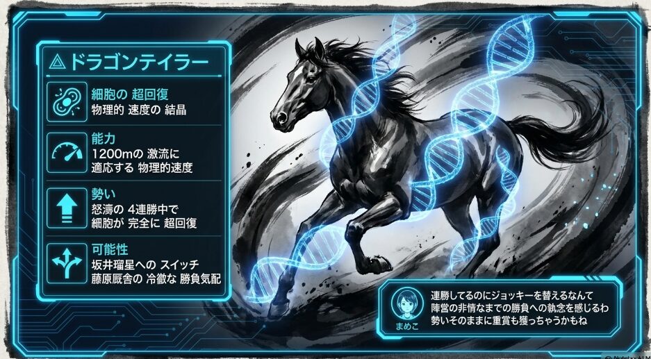 △ 鉄壁の盾 ドラゴンテイラーの 能力分析 4連勝の 勢いと 中京1400mの 勝利実績 まめこの 吹き出しコメント「非情な ジョッキー 交代に 陣営の 勝利への 執念を 感じるわ」