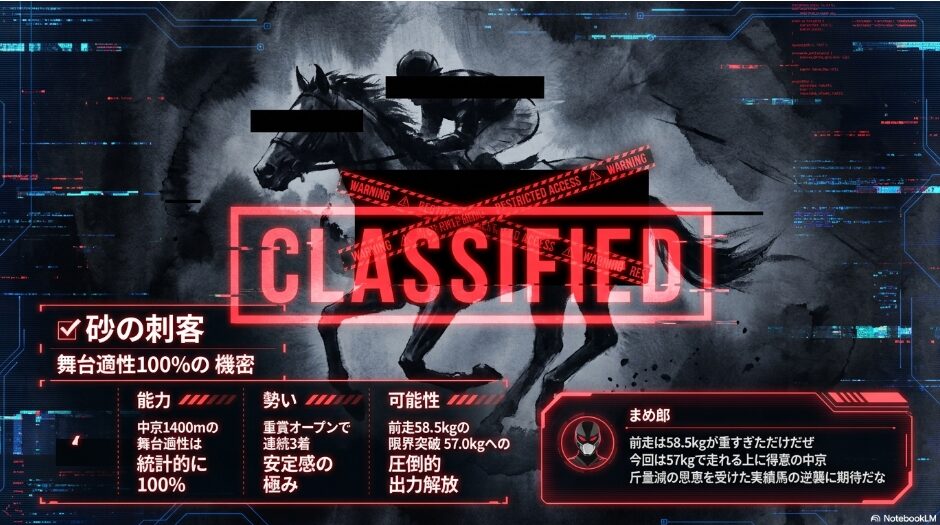 ✔︎ 砂の刺客(機密) インユアパレスの名前を 舞台適性100%の 機密 として 伏せた 分析スライド 57kgへの 斤量解放と 昨年2着の 舞台適性 まめ郎の 吹き出しコメント「前走の 58.5kgは 物理的限界だ 斤量減の 今回は 逆襲の 予感しか しねえ」