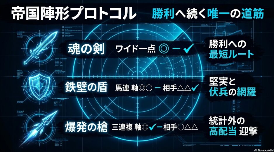 最終陣形 帝国買い目プロトコルの 提示 ワイド一点(◎-✔︎) 馬連(◎◯軸) 三連複(◎✔︎軸) の買い目と 点数