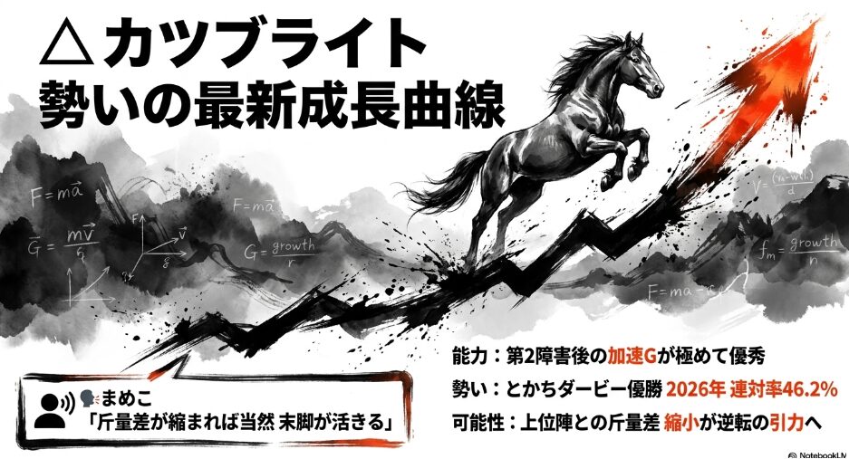連下候補カツブライトの成長曲線　「とかちダービー優勝」「第2障害後の加速性能」を数値化　鋭い筆致で描かれた馬が坂を駆け下りる躍動的なビジュアル
