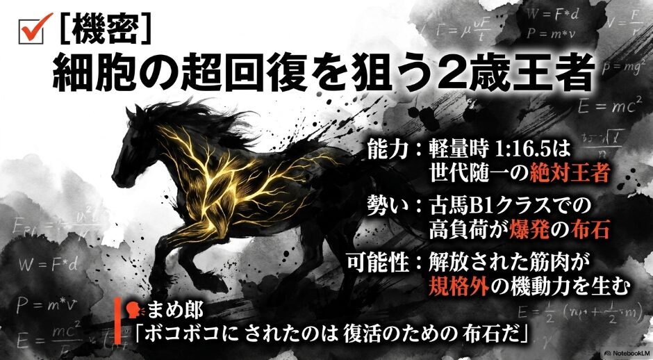 不気味な変数として秘匿されたキングウンカイの分析　「軽量時最高タイム1:16.5」「古馬戦での高負荷による細胞の超回復」をロジックとして提示　霧の中から現れる王者のシルエット