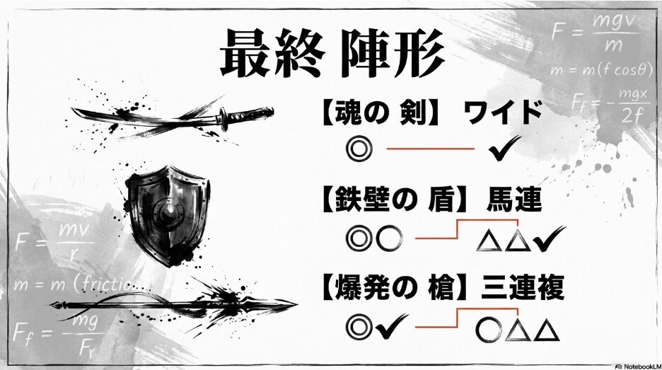 帝国買い目プロトコルの図解　ワイド一点「◎－✔︎」　馬連軸「◎◯－相手3頭」　三連複軸「◎✔︎－相手3頭」がアイコンと共に整理されている