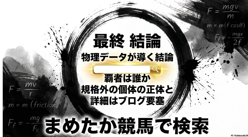 ウロボロス構造の誘導スライド　「覇者は誰か　詳細はブログ要塞まめたか競馬で検索」の文字　スマホを持つ手と水墨画が融合したデザイン