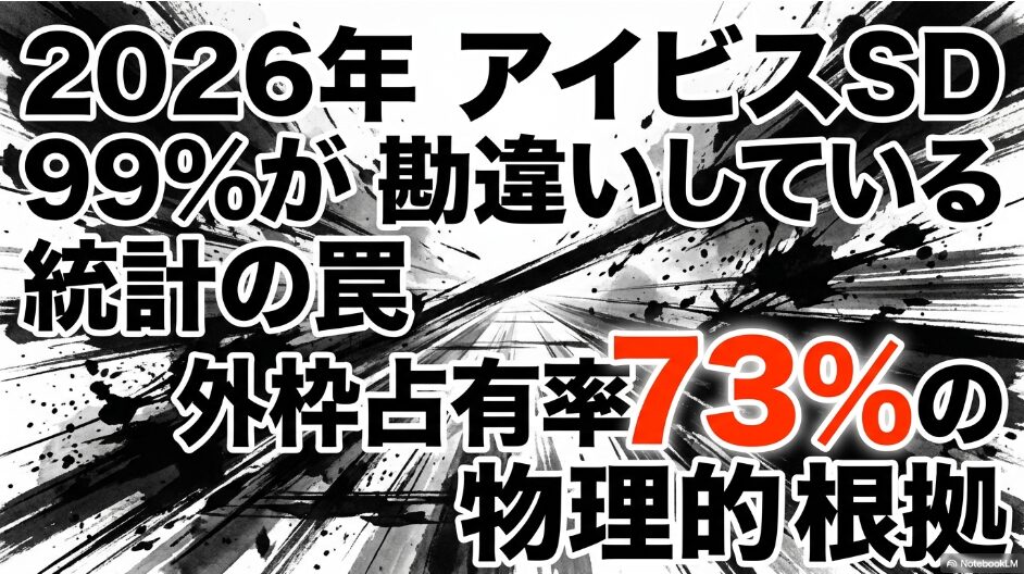（表紙）： 激しく飛沫が舞う　墨絵の馬と共に　「2026年 アイビスSD 99%が 勘違いしている 統計の 罠 外枠占有率 73%の 物理的 根拠」という　巨大な文字を配置