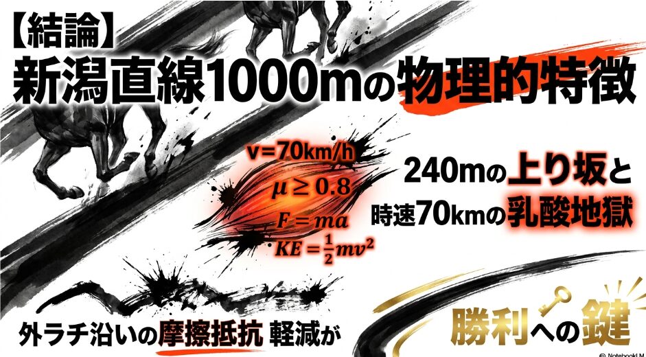 戦場の罠）： 新潟直線1000mの　断面図アイコン　240mの上り坂と　時速70kmの　乳酸地獄　外ラチ沿いの　摩擦抵抗軽減が　勝利の鍵であることを　図解
