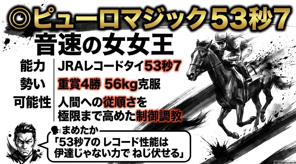 （◎ピューロマジック）： 雷鳴のような　墨の掠れの中に　JRAレコード53.7秒の数値を強調　「人間への従順さを 高めた 制御調教」の文字と　まめたかの　熱い吹き出しコメント