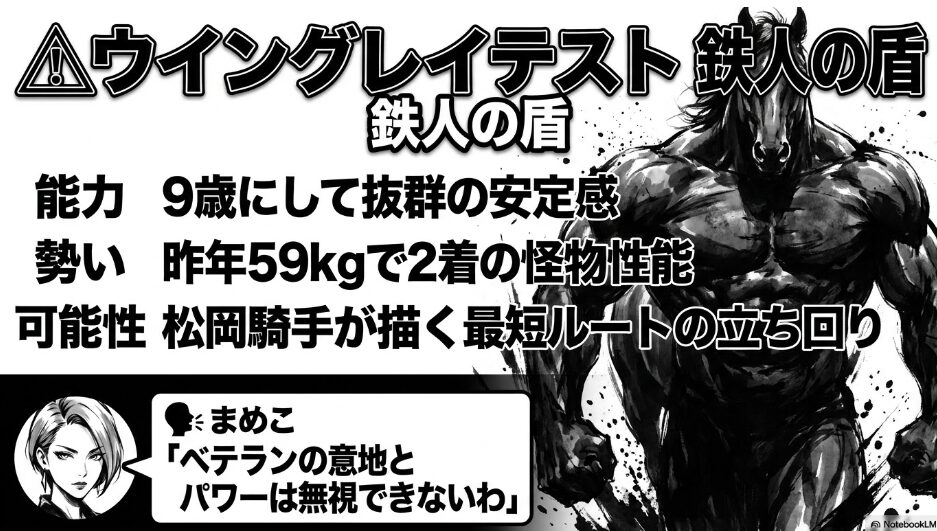（△ウイングレイテスト）： 岩のように　重厚な墨の塊　9歳にして　59kgを背負い　激走した　鉄人の盾としての　安定感を強調　まめこの　一言コメント