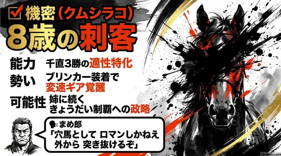 （✔︎クムシラコ）： 秘匿された　機密個体としての演出　ブリンカー装着による　変速ギア覚醒と　千直適性を解説　まめ郎の　べらんめえ調コメント