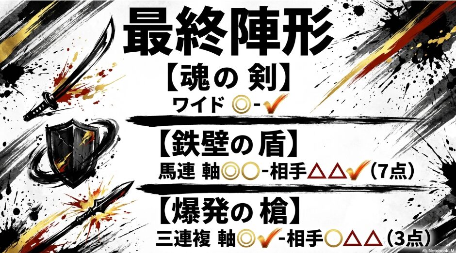 （最終陣形）： 帝国の　買い目プロトコルを　アイコン化　魂の剣（ワイド）　鉄壁の盾（馬連7点）　爆発の槍（三連複3点）の　具体的な陣形