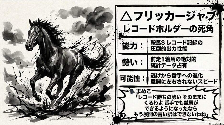細胞の衝撃 △ フリッカージャブ 1分6秒4の レコードホルダー 前走1着馬が 毎年3着以内という 統計的 必須条件の 中心個体 まめこ「番手でも 競馬が できるなら 展開の 言い訳は できないわ