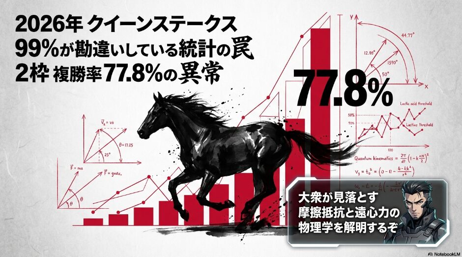 ビジュアル：墨しぶきが舞う中、疾走する競走馬のシルエット。
テキスト：99%が 勘違いしている 統計の 罠 2枠 複勝率 77.8% の 異常 2026年 クイーンステークス 物理解析