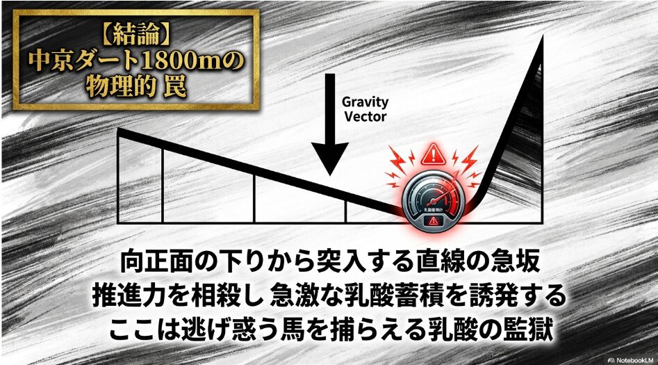 戦場の 罠 中京ダート1800メートルの 物理的 特徴 向正面の 最高点から 4コーナーの 下り そして 直線入り口の 急坂 勾配2パーセントが 推進力を 相殺し 乳酸の 監獄を 形成する
