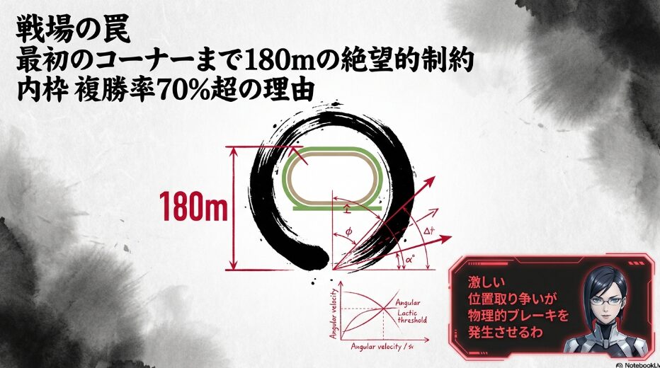 ビジュアル：札幌競馬場芝1800メートルの俯瞰図と物理ベクトル。
テキスト：最初の コーナーまで 180m の 絶望的制約 内枠 複勝率 70%超 の 物理的根拠 距離ロス は 乳酸の壁 を 招く