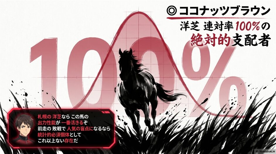 ビジュアル：力強い筆致で描かれたココナッツブラウン。
テキスト：◎ ココナッツブラウン Rt 111 札幌 芝コース 連対率 100% 洋芝の 絶対的 支配者。キャラコメント：🗣️ まめたか 「札幌の 洋芝なら この馬の 出力性能が 一番活きるぞ