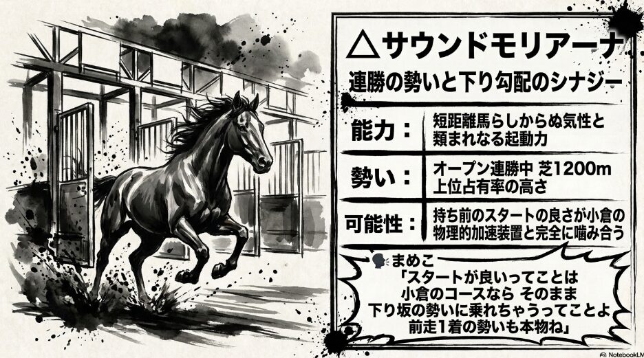 鉄壁の盾 △ サウンドモリアーナ 連勝の 勢いと スタートの 暴力 芝1200m 高確率 占有個体 小回り適性と スタートの 速さが 下り勾配で 活きる まめこ「前走1着の 統計バフも 本物ね
