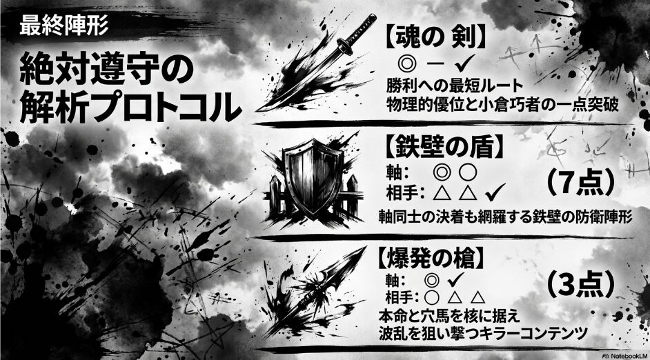 買い目 プロトコル 魂の剣（ワイド一点） 鉄壁の盾（馬連7点） 爆発の槍（三連複3点） 物理データが 導き出した 勝利への 最短ルート