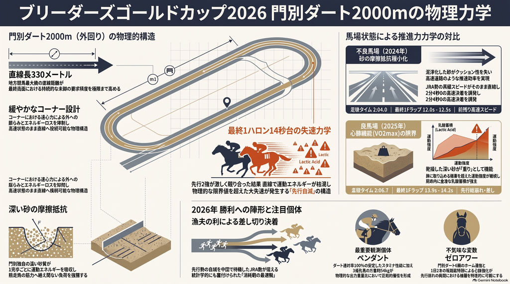 第38回 ブリーダーズゴールドカップ2026 の レース展望 インフォグラフィック 門別ダート2000メートル 外回りコースの 物理的特徴である 直線330メートルと 緩やかな コーナーによる 遠心力ロス抑制を 図解 良馬場と 不良馬場 における 砂の摩擦抵抗の 変化が 競走馬の 心肺機能と 乳酸蓄積に 与える 物理的力学を バイオメカニクス 的に 詳しく 解説した データ 解析用 ビジュアル画像