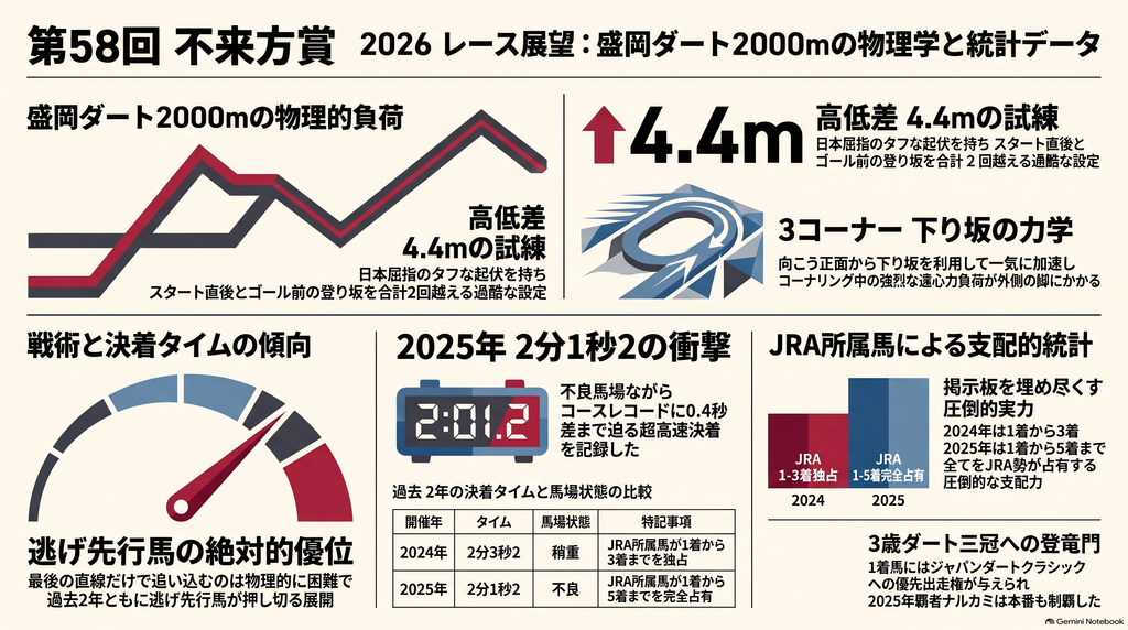 盛岡ダート 左回り 2000mの コース特性と 不来方賞の 過去2年の 統計データを 1枚に 凝縮した プロフェッショナルな インフォグラフィック 高低差4.4mの 起伏と 2回越える 激坂の 物理的負荷 3コーナー下り坂で 遠心力を 受ける 力学 最後の 直線追い込みを 拒む 逃げ 先行馬の 絶対的優位 2024年の サンライズジパング 稍重2分3秒2 2025年の ナルカミ 不良2分1秒2の レコード肉薄決着 JRA所属馬による 1着から5着までの 掲示板完全支配の 厳然たる 歴史的データを 視覚化した 鉄壁の データマップ