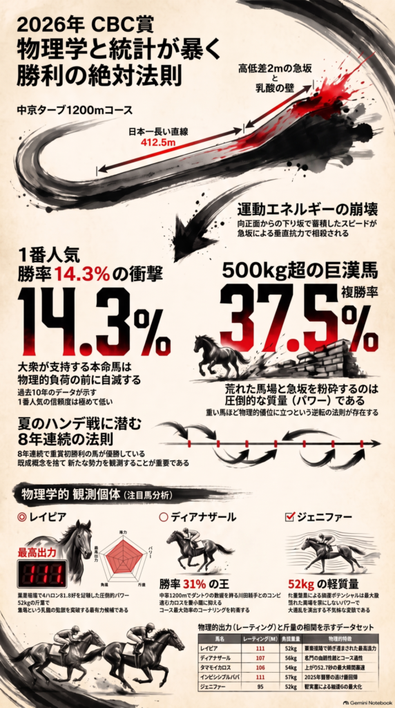 2026年CBC賞 の 展望を 1枚に 凝縮した インフォグラフィック です
 中央には 中京 芝1200m の 特徴である 412.5m の 直線 と 高低差2m の 急坂 が 生む 乳酸の 壁 を 可視化した コース図 が 配置 されています
 左側には 1番人気の 勝率 14.3% という 絶望的な 統計 データを グラフ で 提示 し 読者の 損失 回避 心理を 突いて います
 右側には 馬体重 500kg 以上 の 巨漢馬 が 複勝率 37.5% を 記録する 物理的 優位性 を 示し パワー タイプの 激走を 予感 させて います
 背景には シーズン 末 の 荒れた 馬場 コンディション により 軽量馬 よりも 大型馬 の 運動 エネルギー が 勝る 力学的 根拠 が 記述 されています
