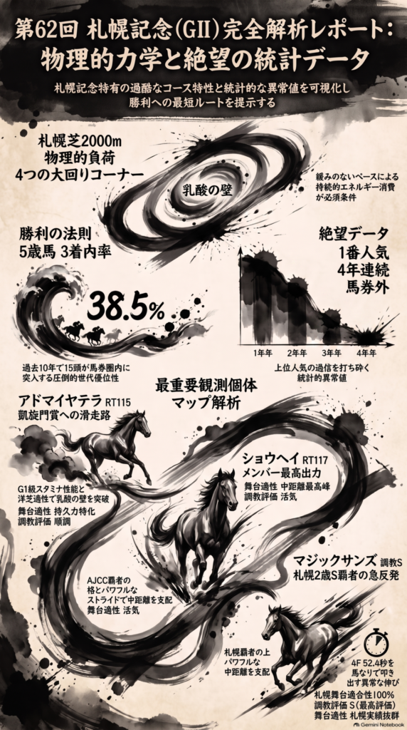 第62回 札幌記念(GⅡ) 統計 と 物理学 による レース 展望 図解
コース 特性: 札幌 芝 2000m の 特徴 である 「4つの 大回り コーナー」 と 逃げ場のない 「乳酸の 壁」 を 物理的 負荷 として 可視化
絶望 データ: 過去 4年 連続 で 1番人気 が 馬券外 に 沈んでいる 異常な 統計 を 示す グラフ
勝利 の 法則: 3着内率 38.5% を 誇る 圧倒的 優位 個体 「5歳馬」 の 占有率 を 強調
注目 個体: 物理 性能 Rt 115 の アドマイヤテラ Rt 117 の ショウヘイ そして 調教 評価S を 叩き出した 伏兵 マジックサンズ を 戦略 マップ 上 に 配置
