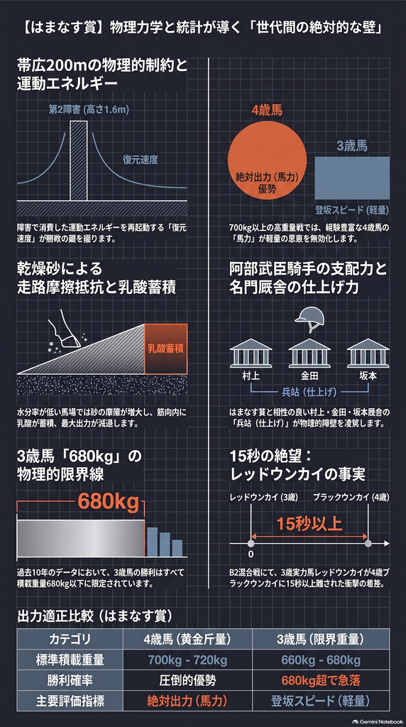 ばんえい競馬の 世代対抗重賞 第38回はまなす賞の レース展望用 インフォグラフィック 帯広競馬場 直線200mの 物理的特徴である 高さ1.6mの 第2障害の 起伏と 乾燥砂による 走路抵抗 乳酸の 急激な 蓄積プロセスを 視覚的に 図解 過去10年の 統計傾向として 4歳馬の 平均勝利斤量700kgが 示す 絶対出力の 優位性と 3歳馬の 勝利限界境界線である 680kgの 壁を グラフで 比較 [27, df] はまなす賞を 過去10年で 3勝している 阿部武臣騎手の 運動エネルギー 復元技術と 2勝を 誇る 村上慎一厩舎 金田勇厩舎の 仕上げ（兵站）能力の 支配力を データ化 [31, df] さらに B2混合戦において 3歳実力馬 レッドウンカイが 4歳ブラックウンカイに 15.9秒差の 大差を つけられた 事実を もとに 3歳と 4歳の 間に 横たわる 「世代間の 絶対的な 壁」を 物理的に 証明する 技術解説図