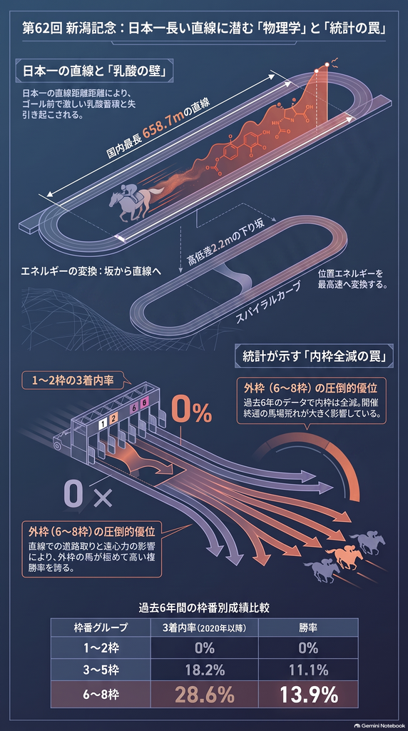 新潟競馬場の 芝2000m外回りコースの 立体的な 物理マップを 描いた 高解像度 インフォグラフィック
バックストレッチから 3コーナーまでの 約950mに 及ぶ 直線慣性区間が 高低差2.2mの 上り勾配の ベクトルラインで 示され 3コーナーから 4コーナー(スパイラルカーブ)に かけて下る 1.6mの 傾斜重力加速の 物理法則が 朱赤の矢印で ビジュアル化されている
JRA最長を 誇る 658.7mの 長い直線上には 馬が 時速70kmの 超高速で 走る際に かかる強烈な 空気抵抗と 乳酸蓄積(Vermillion Redの グラデーション)の メカニズムを 解説する数式が 科学的に 描かれている
さらに 画面下部には 過去6年で 1枠と 2枠が 「3着内率0%」に 沈んでいる 統計データを 表す 壊滅した ゲートのシンボルと 「0%」の 絶望値が 大きく警告色で プロットされている