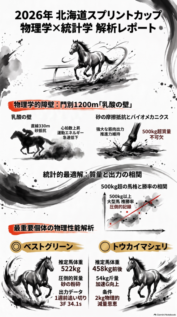 メインビジュアル: 「物理学×統計学」に基づく2026年北海道スプリントカップ(JpnIII)の戦略解析レポート。全体に墨の滲みや飛沫を配した水墨画デザイン。
物理解析セクション: 門別競馬場固有の「直線330m」と「深い砂」が引き起こす、馬の運動エネルギー減衰(乳酸の壁)をバイオメカニクスの視点から図解。砂の摩擦抵抗(F)を突破するための質量の重要性を説いている
。
統計データセクション: 過去2年の3歳限定戦データから導き出された「馬体重500kg超」と「兵庫CS経由」の勝率相関関係を示すグラフ。チカッパ(498kg)やヤマニンチェルキ(528kg)の実数値を論理的根拠として提示
。
注目馬比較セクション: ◎ベストグリーンと◯トウカイマシェリの物理的優位性の対比。ベストグリーンの「522kg×3F 34.1s」の圧倒的出力と、トウカイマシェリの「54kg斤量」がもたらす慣性モーメントの軽減を解説
。
フッター: スポーツ科学レポートとしての風格を保つための「物理学、運動エネルギー、統計的必須個体」という学術用語タグと、ブログ「まめたか競馬」への検索誘導導線