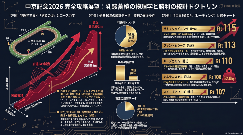 タイトル:中京記念 2026 完全攻略 展望 〜データと力学の交差点〜
左セクション(コース解析): 中京芝1600mのコース図に、心肺機能への負荷(乳酸蓄積)を示すヒートマップをオーバーレイ。スタート直後の激しい位置取りと、急坂での「加速G減退」のポイントをベクトル表示
。
中央セクション(統計データ): 過去10年の重要指標を視覚化。
馬齢: 3着内30頭中18頭が「5歳馬」である圧倒的優位性
。
馬体重: 「480kg以上の大型馬」が7割を占めるパワー優位の構造
。
展開: 前走5番手以下の「差し馬」が3着内18頭中13頭(中京開催時)という実績
。
右セクション(性能比較チャート): 注目馬5頭のRt(レーティング)と斤量を対比。
サトノシャイニング: Rt 115(最大出力)
。
ファントムシーフ: Rt 113(潜在出力)
。
ナムラコスモス: 52kg(軽量による物理的加速優位)
。
デザイン装飾: 「まめたか競馬」のロゴ風アイコンと共に、背景には物理学的な運動方程式や重力ベクトルの意匠を施し、単なる予想を超えた「科学的解析」を演出
。