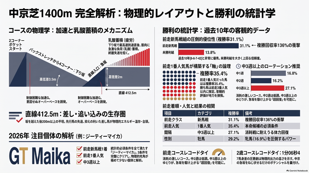 第2回中京2歳ステークスの舞台となる中京芝1400mのコース力学を解説するレース展望用インフォグラフィック
 スタートからだらだらと続く長い下り坂と直線の高低差2mの急坂を示す高低差断面図
 先行馬に急激な加速Gと運動エネルギー消費を強いる乳酸蓄積の物理メカニズム
 過去10年の統計データを可視化したグラフ
 複勝率31.1%を誇る前走新馬戦組の圧倒的優位性や前走1番人気馬が軸になる統計的傾向
 中3週以上の間隔を空けたローテーションが基本となる推奨データを視覚化したデータ分析チャート