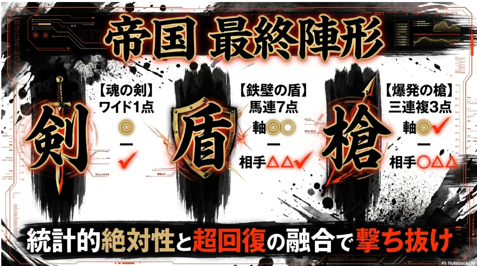 【魂の 剣】 ワイド一点 ◎ - ✔︎ 【鉄壁の 盾】 馬連 軸 ◎ ◯ - 相手 △ △ ✔︎ (7点) 【爆発の 槍】 三連複 軸 ◎ ✔︎ - 相手 ◯ △ △ (3点)
,
意図: 統計的絶対性と 精神的超回復の 融合による 制圧