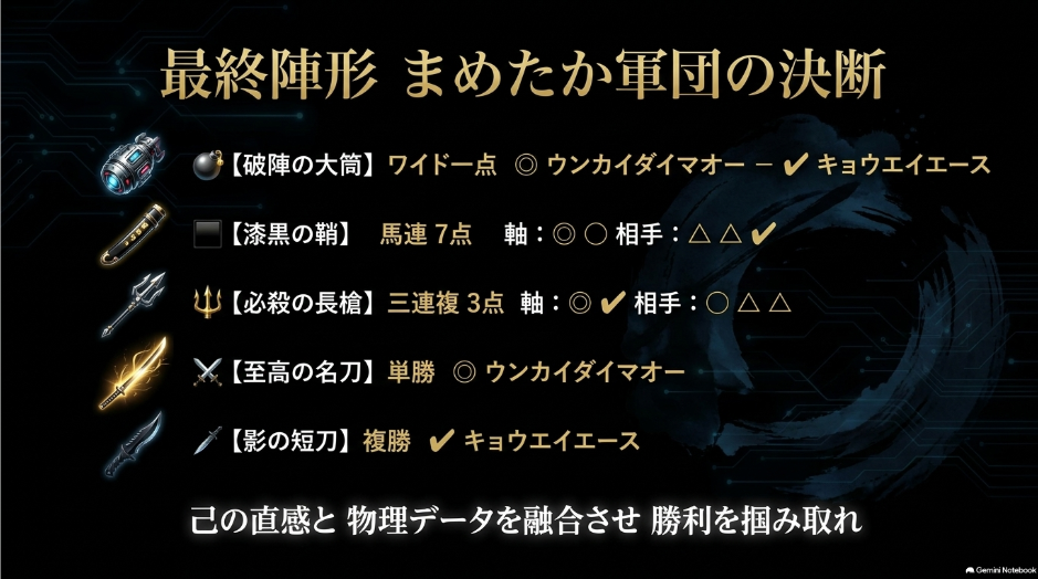 破陣の大筒(ワイド一点) 漆黒の鞘(馬連) 必殺の長槍(三連複)の 勝利の 陣形を 提示する 最終結論画面