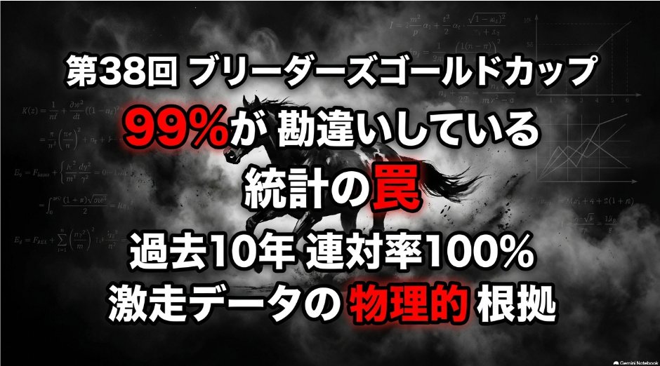 第38回 ブリーダーズゴールドカップ2026予想 99%が 勘違いしている 統計の 罠 と 過去10年 連対率100% 激走データの 物理的 根拠 という テキスト 漆黒の 背景に 黄金の 輝きを 放つ 競走馬の 爆発的 水墨画 イラストが 描かれた インスタ用 スライド画像