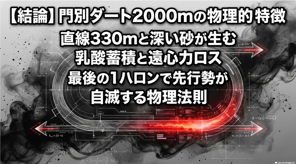 門別競馬場 ダート2000メートル 外回りコースの 物理的 特徴を 示す コース レイアウト図 直線330m の 長さと 深い砂が もたらす 摩擦抵抗 遠心力ロス による 心肺機能への 負荷と 最後の 1ハロンで 先行勢が 大失速する 物理法則を 解説した スライド画像