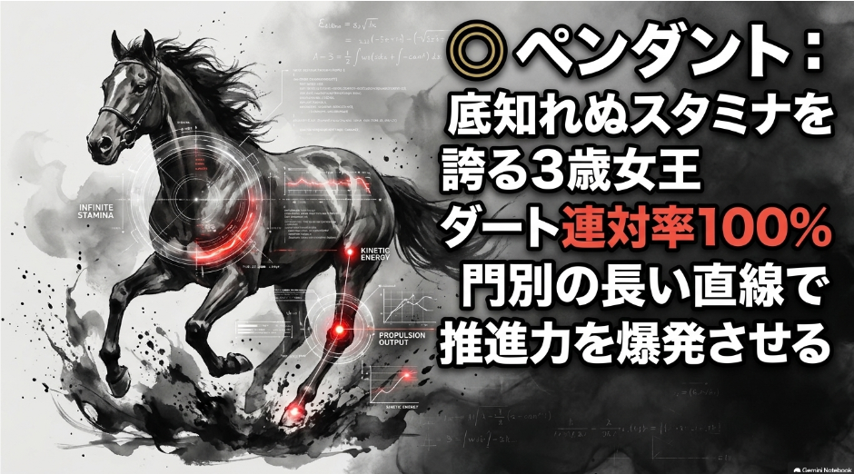 最重要観測個体 ペンダント の 能力データを 示す スライド 関東オークスを 制し ダート連対率100パーセントを 誇る 3歳牝馬の 無尽蔵の スタミナと 門別外回りの 長い直線で 推進力を 爆発させる 物理的 優位性を 視覚化した 墨絵風 デザイン