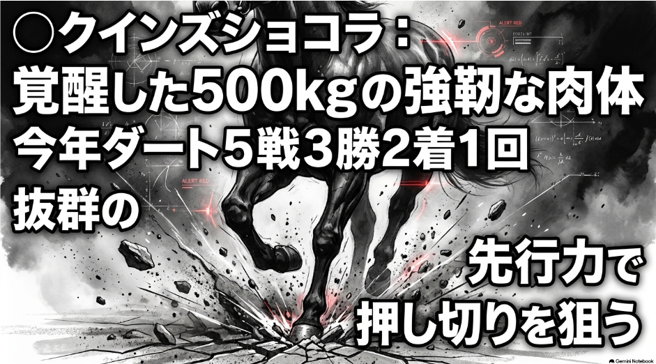 第2解析対象馬 クインズショコラ の 実績データを 示す スライド 500kg の 強靭な 肉体と 今年ダート 5戦3勝 2着1回 の 圧倒的 安定感 抜群の 先行力で 深い砂を 押し切る 推進力を 視覚化した 墨絵風 デザイン