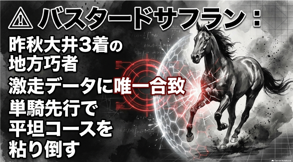 解析馬 バスタードサフラン の 激走データを 示す スライド 昨秋大井 レディスプレリュード 3着の 地方適性と 過去10年 すべてで 連対している 4走前までに 人気薄 大敗を 経験した 馬の 激走データに 唯一合致する 特異性を 視覚化した 墨絵風 デザイン