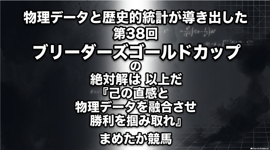 ブリーダーズゴールドカップ の 最終結論 スライド 物理データと 歴史的 統計学が 導き出した 絶対解と 己の直感と 物理データを 融合させ 勝利を 掴み取れ という まめたか競馬 の メッセージ